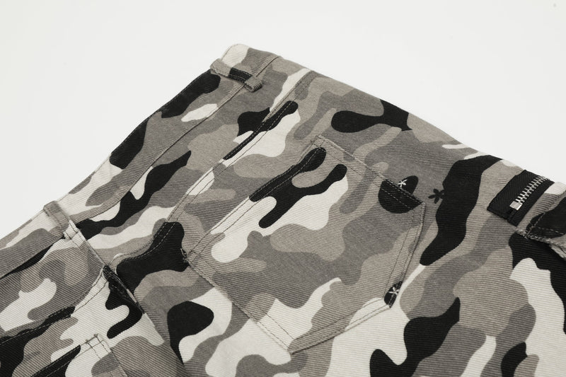 Close-up of grey camo pants back waistband and rear pocket stitching