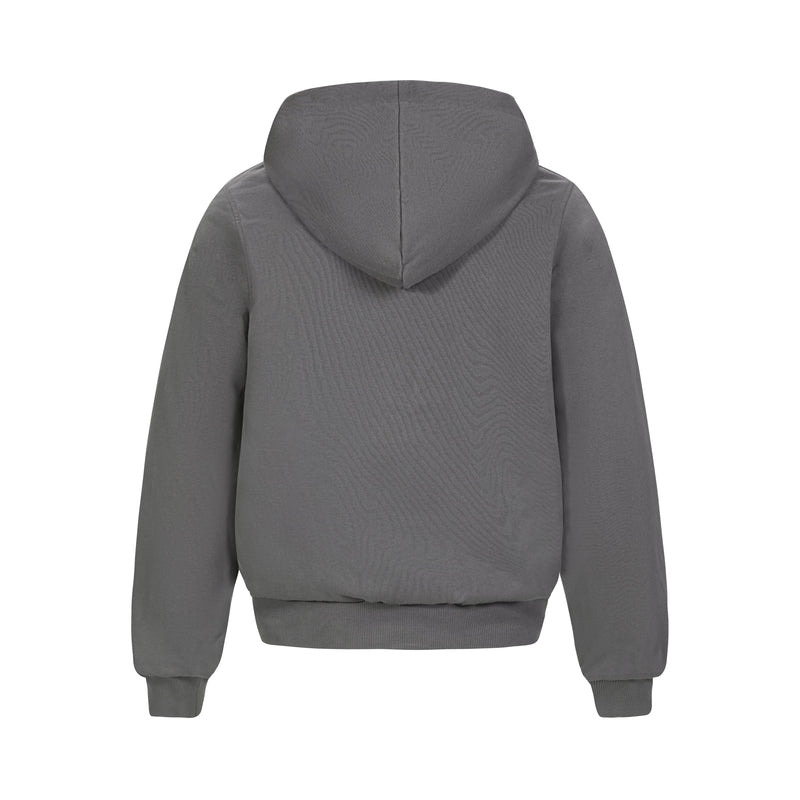 Charcoal gray hoodie back view with plain hood and long sleeves