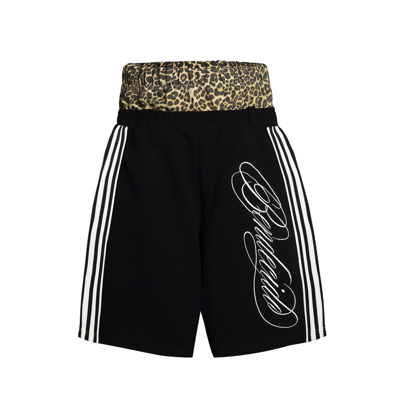 Front view of black shorts with leopard waistband, white side stripes, and script graphic