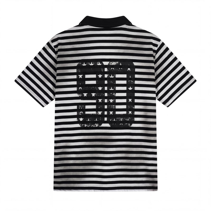 Black and grey striped polo tee with short sleeves and large distressed crest graphic on the back