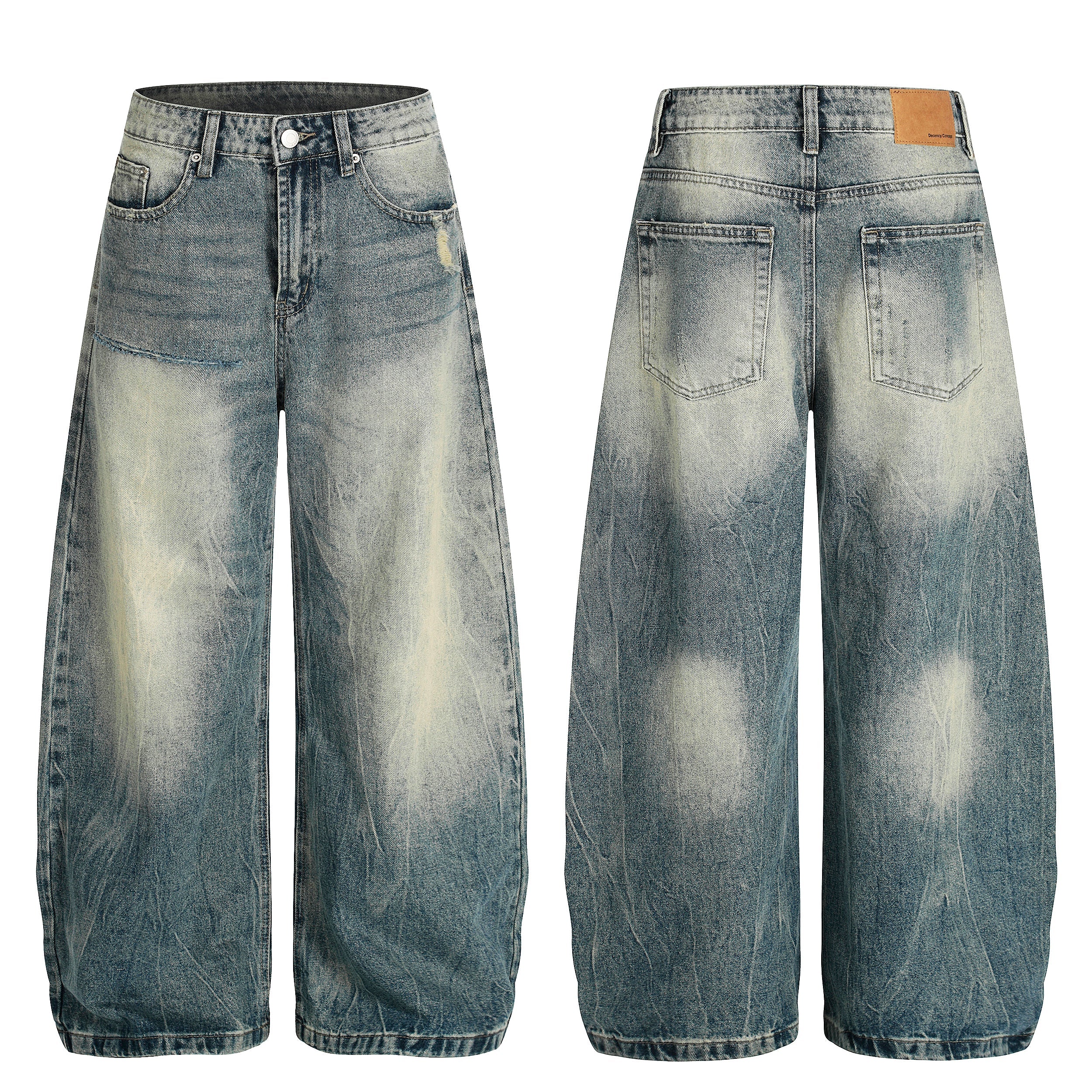 Front and back view of Omirad vintage fade wide-leg jeans with cloud wash fading and crease texture detailing
