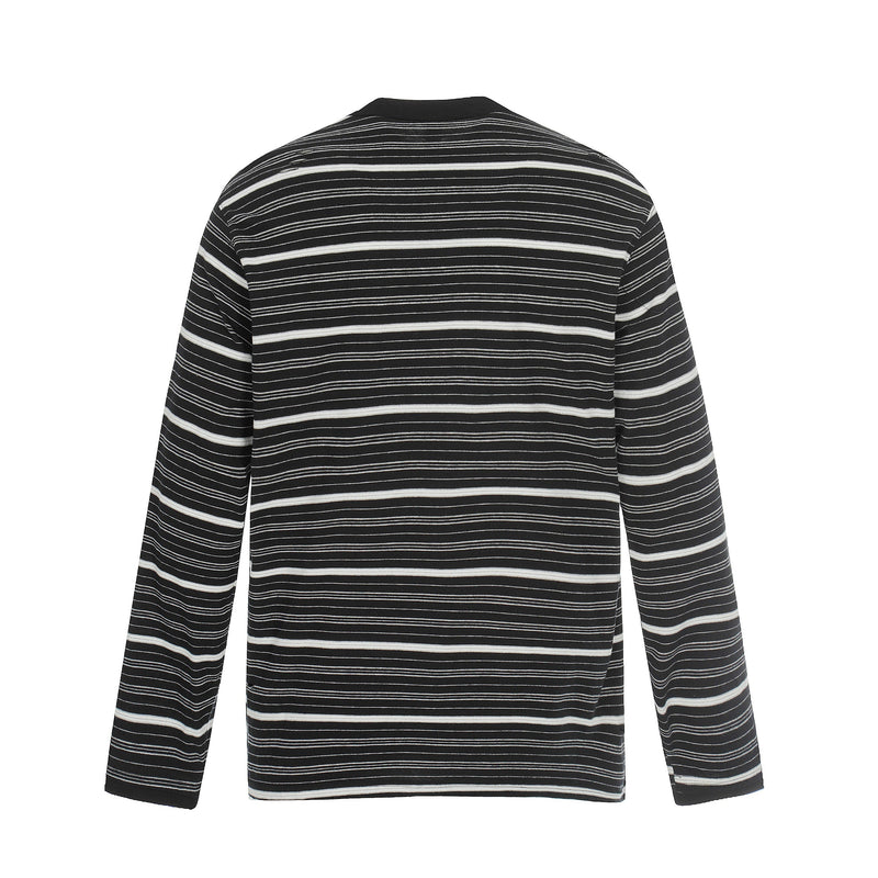Back view of black striped long sleeve Henley tee with black collar and thin white stripes