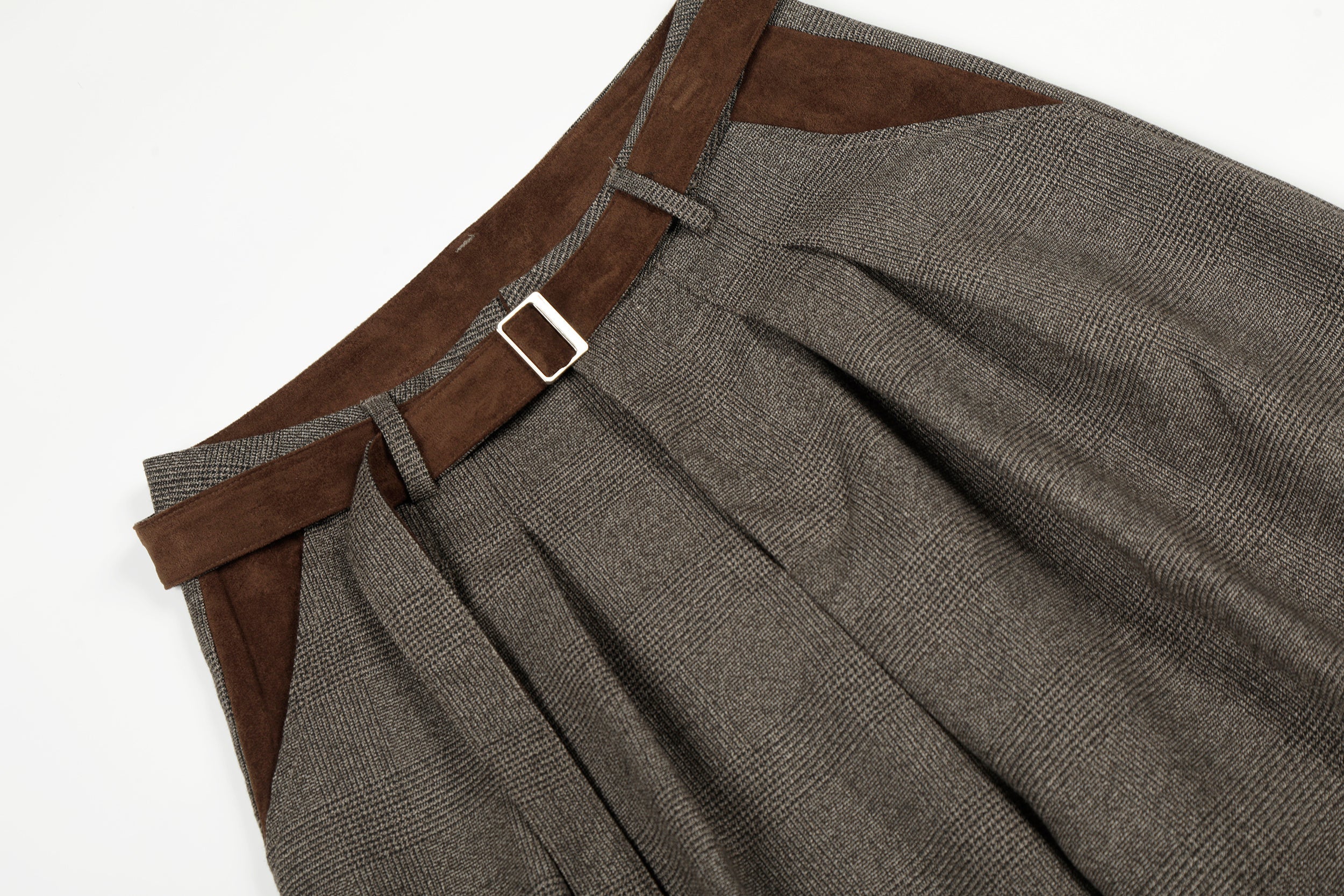 Wide-Leg Plaid Suit Trousers with Suede Trim & Belt