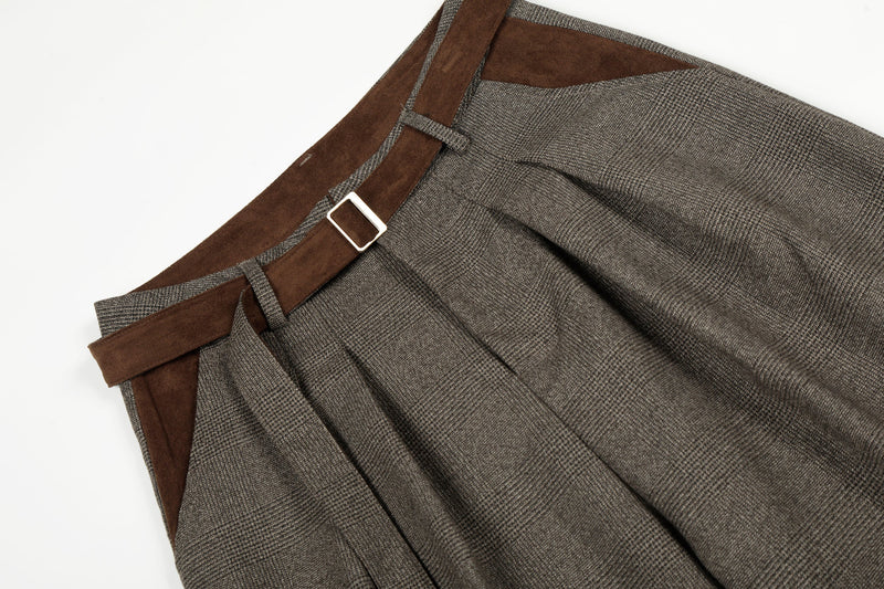 Wide-Leg Plaid Suit Trousers with Suede Trim & Belt