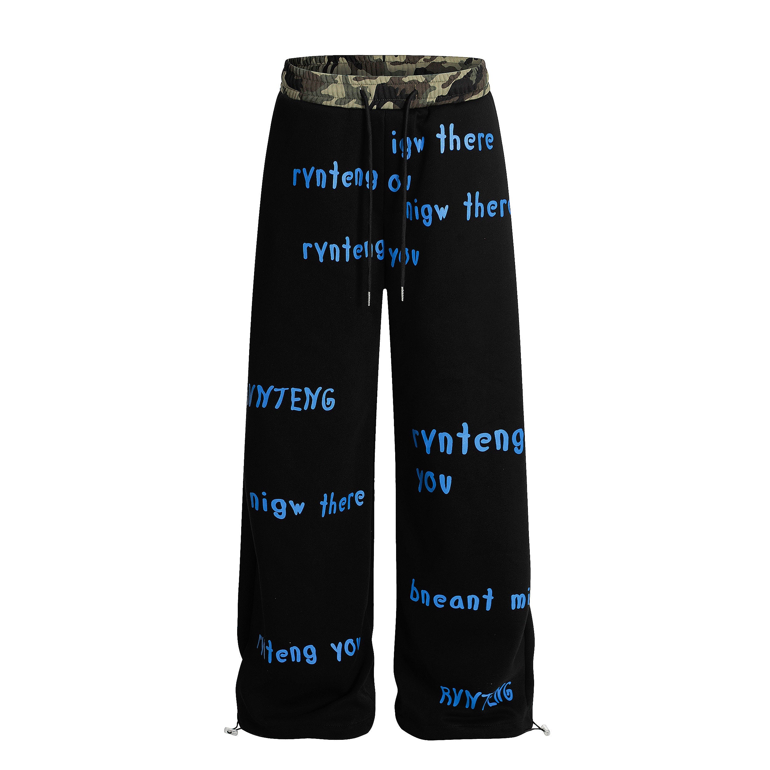 Camo Waist All-Over Text Graphic Wide-Leg Sweatpants