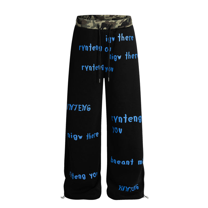 Camo Waist All-Over Text Graphic Wide-Leg Sweatpants