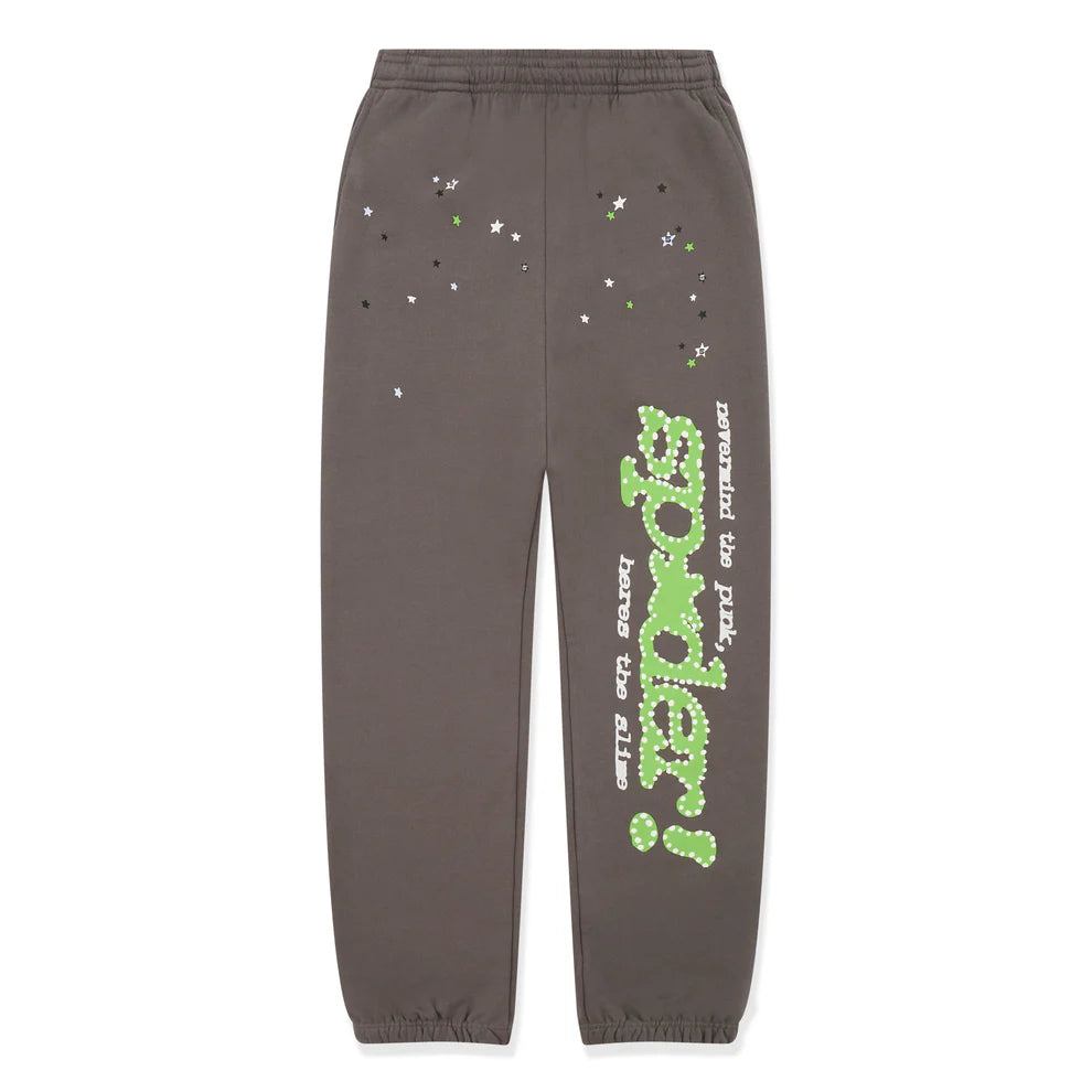 Sp5der Sweatpants – Unisex Dark Grey Cotton Sweatpants with Green Side Logo and Star Print