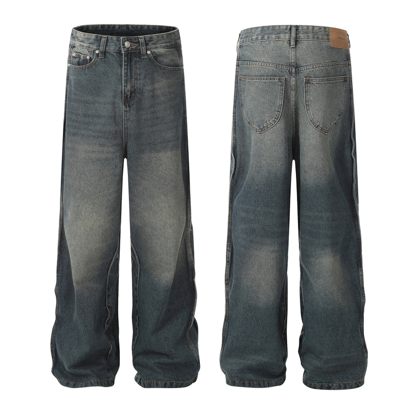 Front and back views of vintage wash wide-leg jeans with faded blue denim
