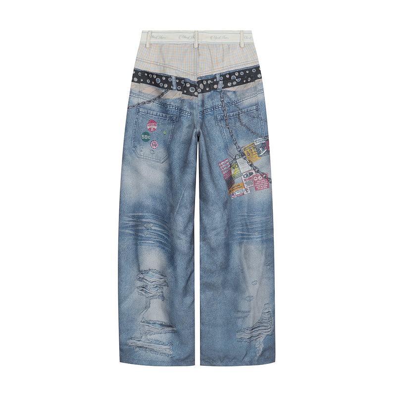 Back view of wide-leg denim print pants with printed back pockets and caution labels