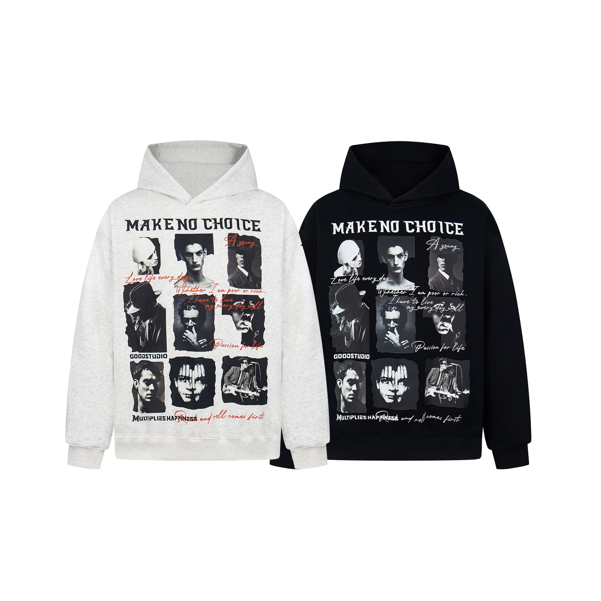Omirad Make No Choice graphic hoodie in heather grey and black with dark portrait collage print and gothic lettering on the f