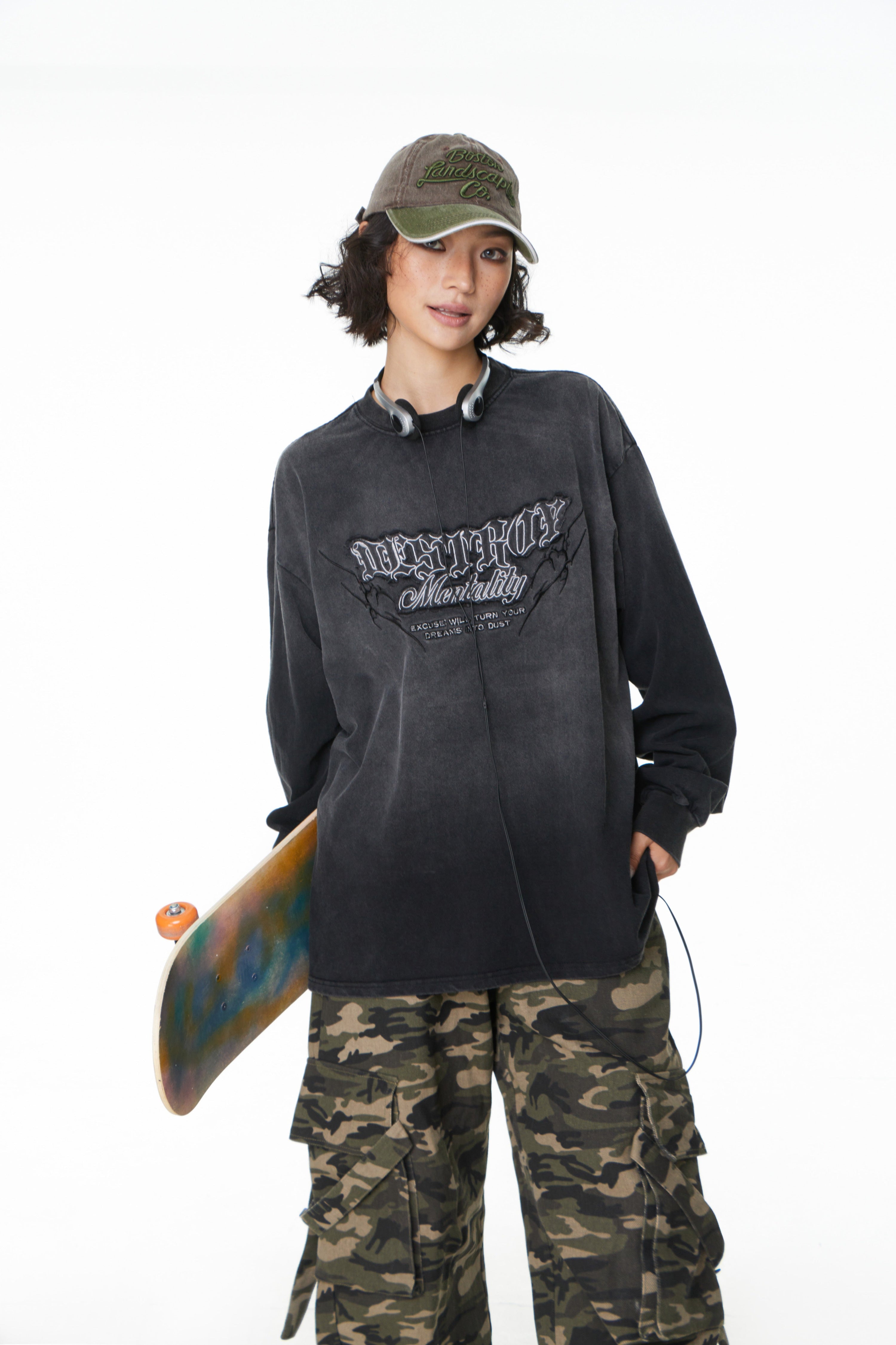 Destroy Mentality Gradient Washed Graphic Long Sleeve Tee