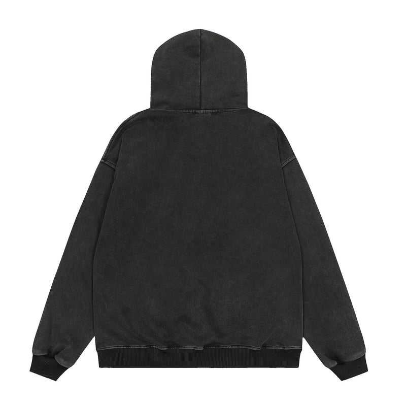 Back view of a black zip-up hoodie jacket with ribbed hem and cuffs