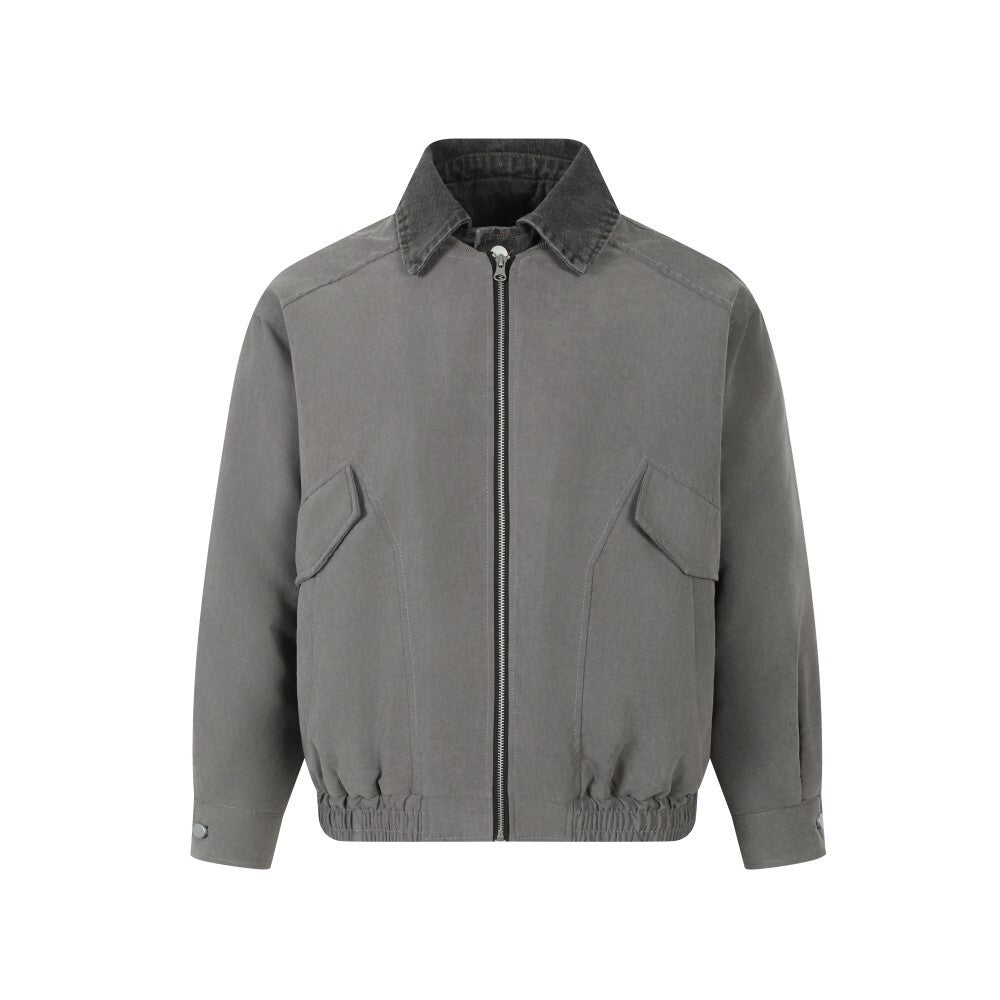 Vintage Contrast-Collar Cotton Bomber Jacket | Washed Gray