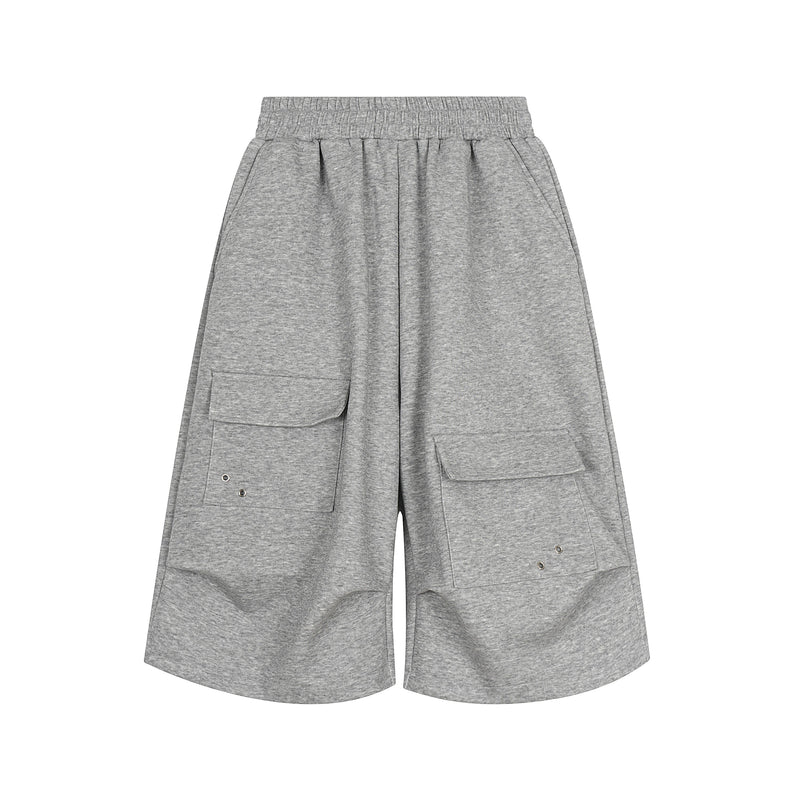 Gray heathered cargo sweat shorts with elastic waistband and flap pockets, front view