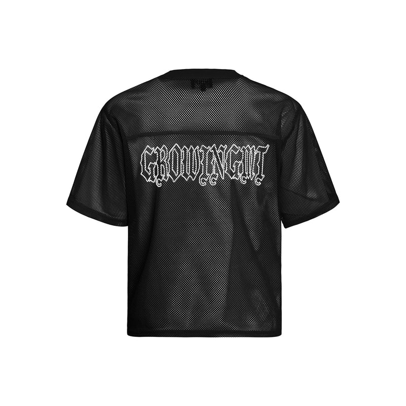 Black mesh jersey tee with gothic GROUNGIT back graphic and relaxed streetwear fit