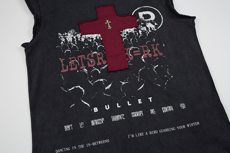 Distressed Cross Sleeveless T-Shirt | Gothic Punk Streetwear