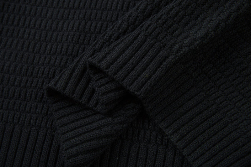 Close-up of black knit sleeve cuff and ribbed texture