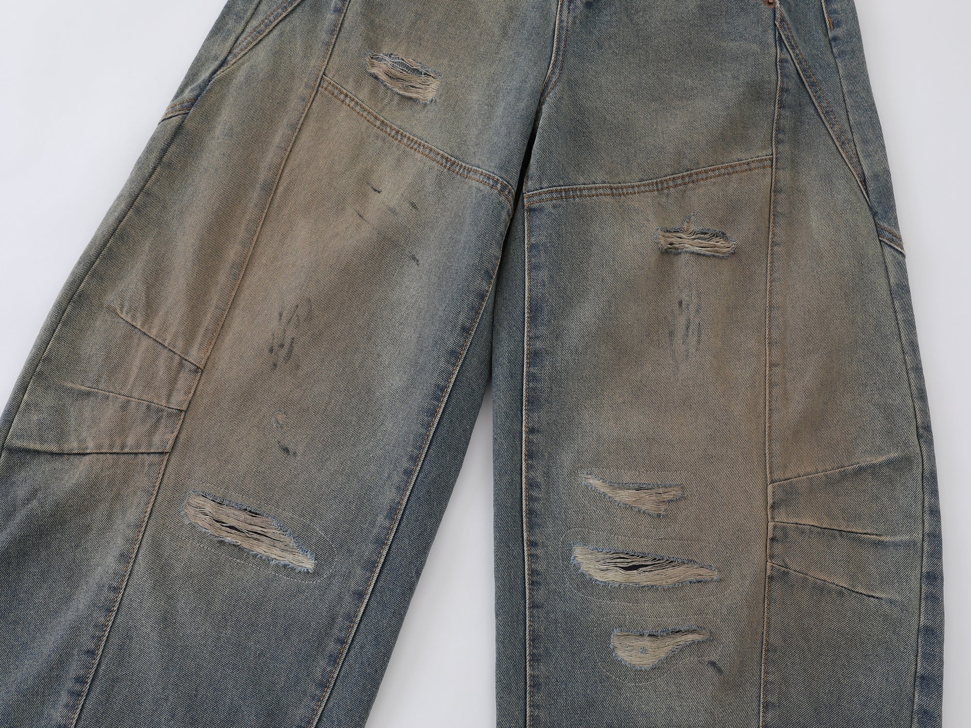 Omirad Distressed Curved Wide-Leg Jeans | Vintage Wash Denim