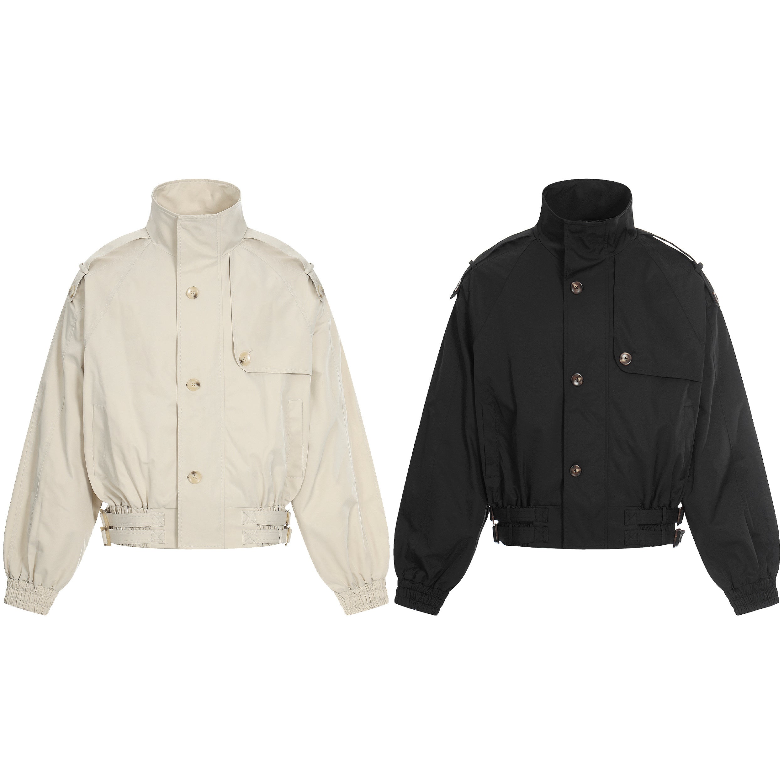Omirad utility stand collar cropped jacket in off-white and black, shown flat with dome buttons, chest pocket, and buckle hem