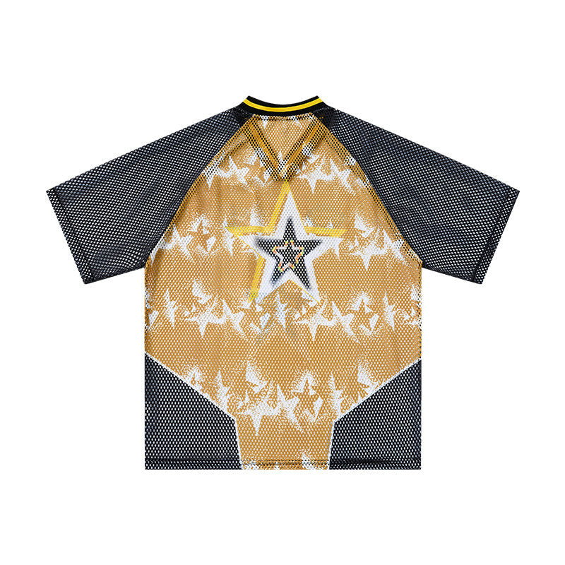 Gold and black mesh jersey T-shirt with star graphics and a bold streetwear design on the front and sleeves