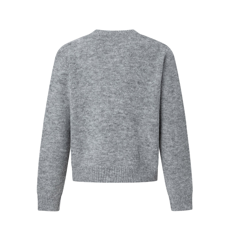 Light gray wool blend cardigan back view with ribbed hem