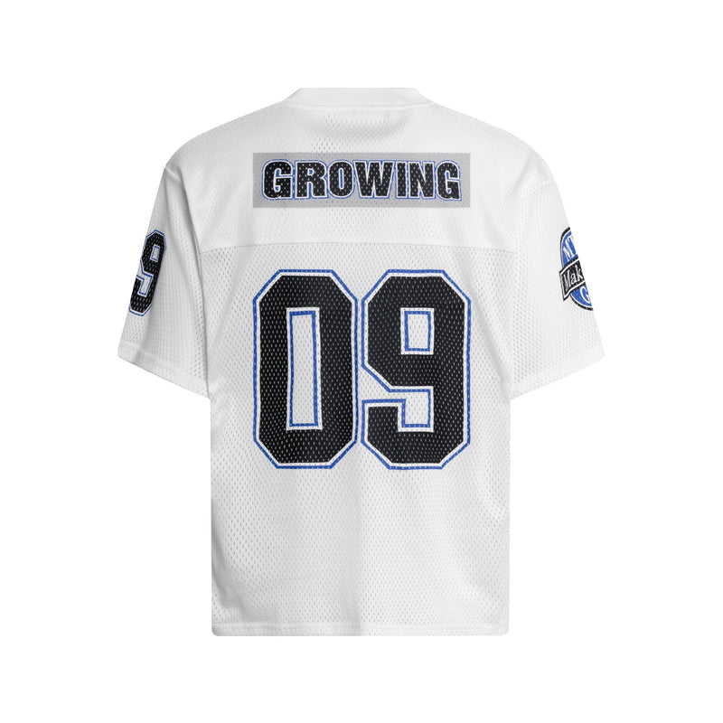 White mesh football jersey with black and blue number 09 and GROWING graphic on the back