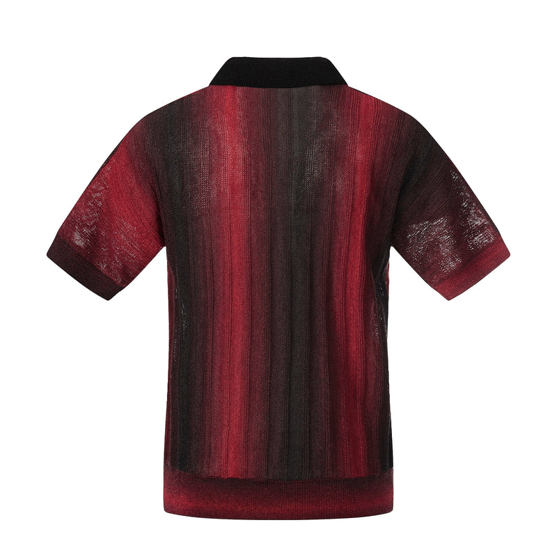 Men's red and black gradient stripe open-knit polo shirt with short sleeves and relaxed fit, shown from the back