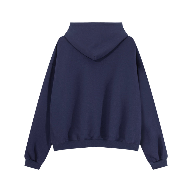 Navy hoodie back view with relaxed fit, ribbed hem, and wide sleeves