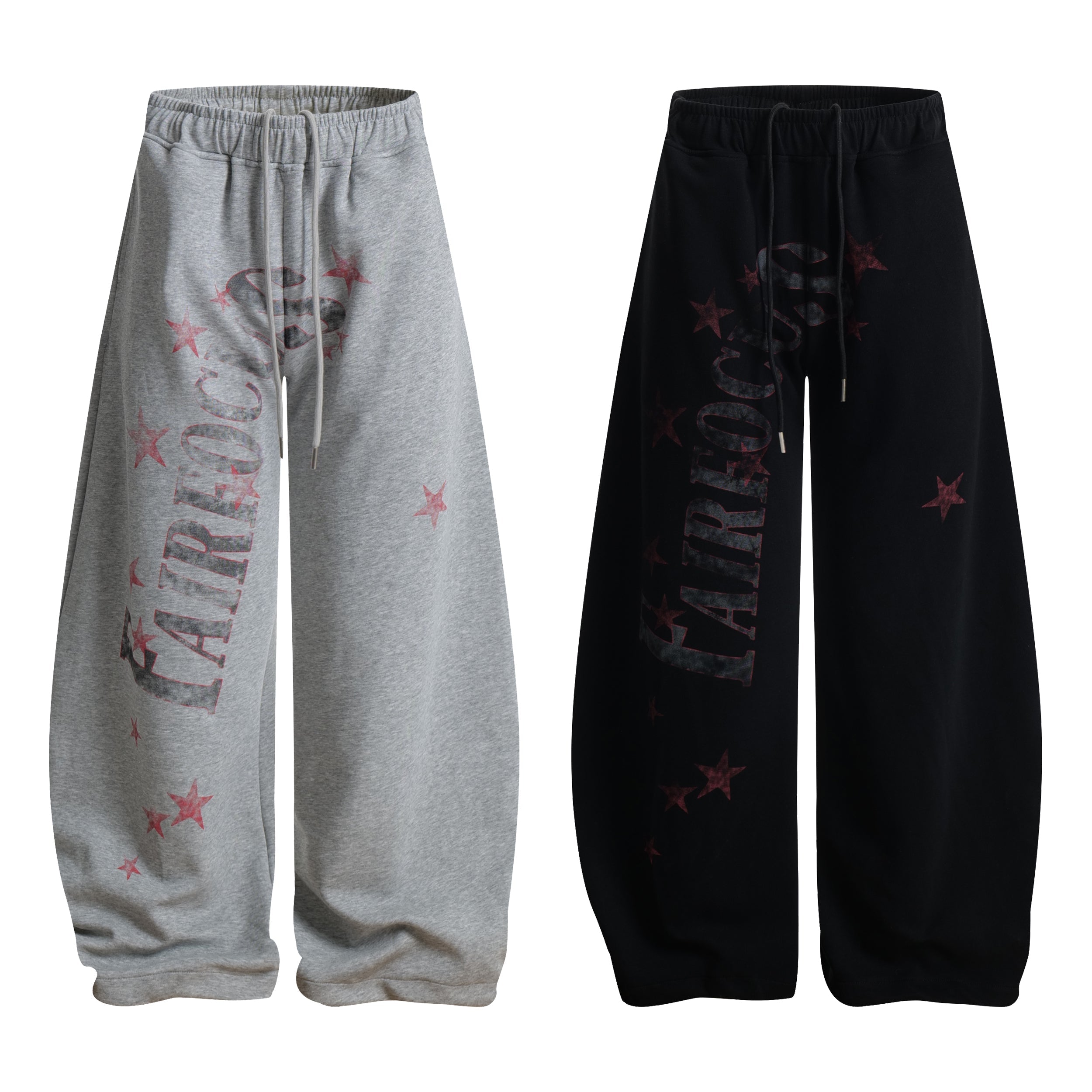 Heather grey and black wide-leg Fairfocus star print sweatpants with distressed graphic and red star motifs on white backgrou