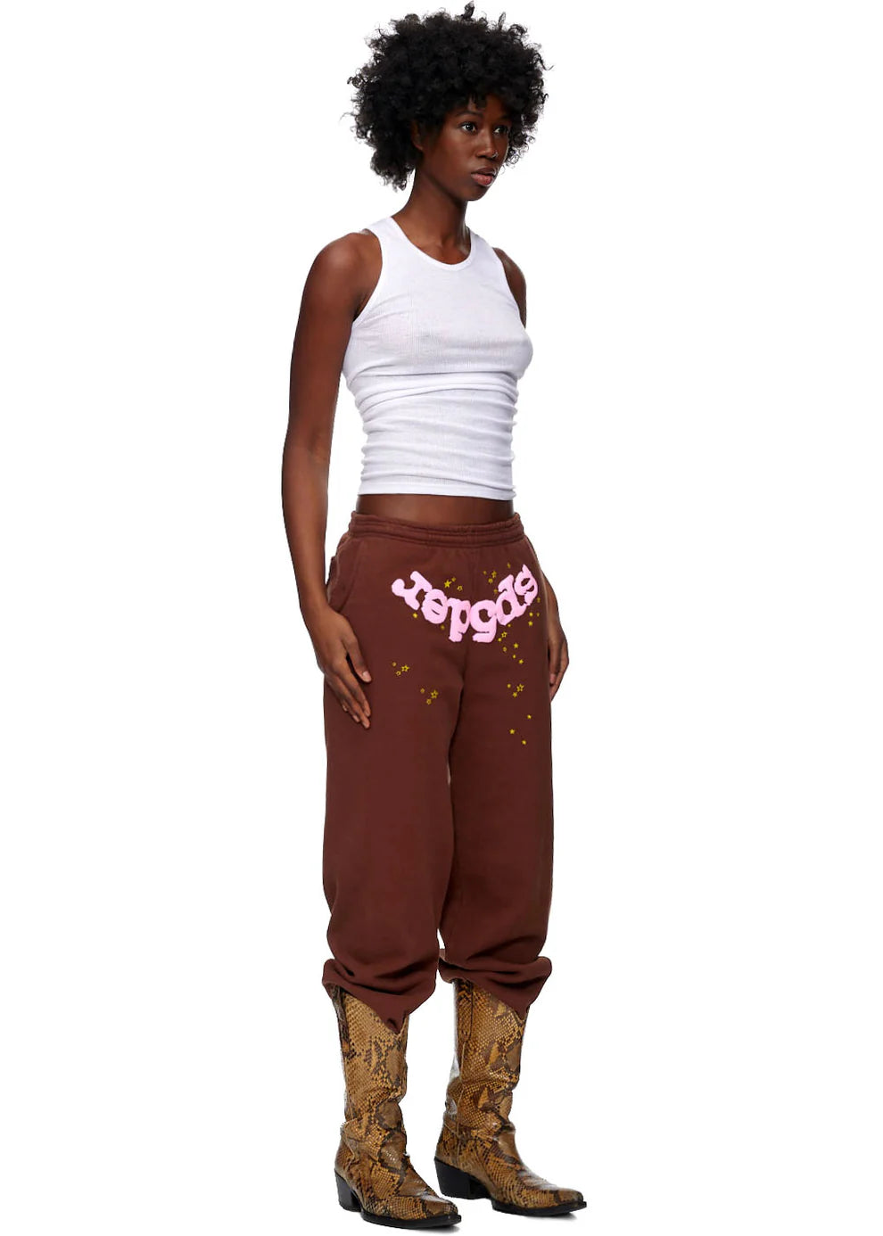 Sp5der Sweatpants – Unisex Brown Cotton Sweatpants with Pink Front Logo and Star Print