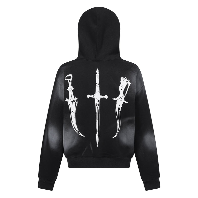 Black hoodie back view with large white sword graphic and ribbed hem and cuffs