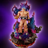 The Seakoff Goku Ultra Instinct Collectible Figure – Dragon Ball features a 35cm glowing action statue with spiky purple hair and blue eyes, standing on a rocky base with colorful energy effects, tan pants, and a blue belt. The "Dragon Ball" logo is displayed on the base.