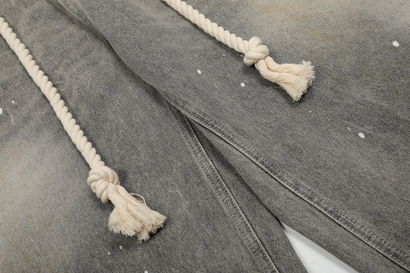 Rope-Waist Paint-Splatter Wide-Leg Jeans | Vintage Wash