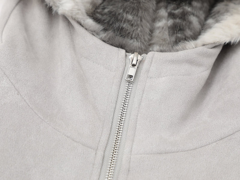 Furry-Ear Zip Hoodie Jacket | Streetwear Puffer with Rivets