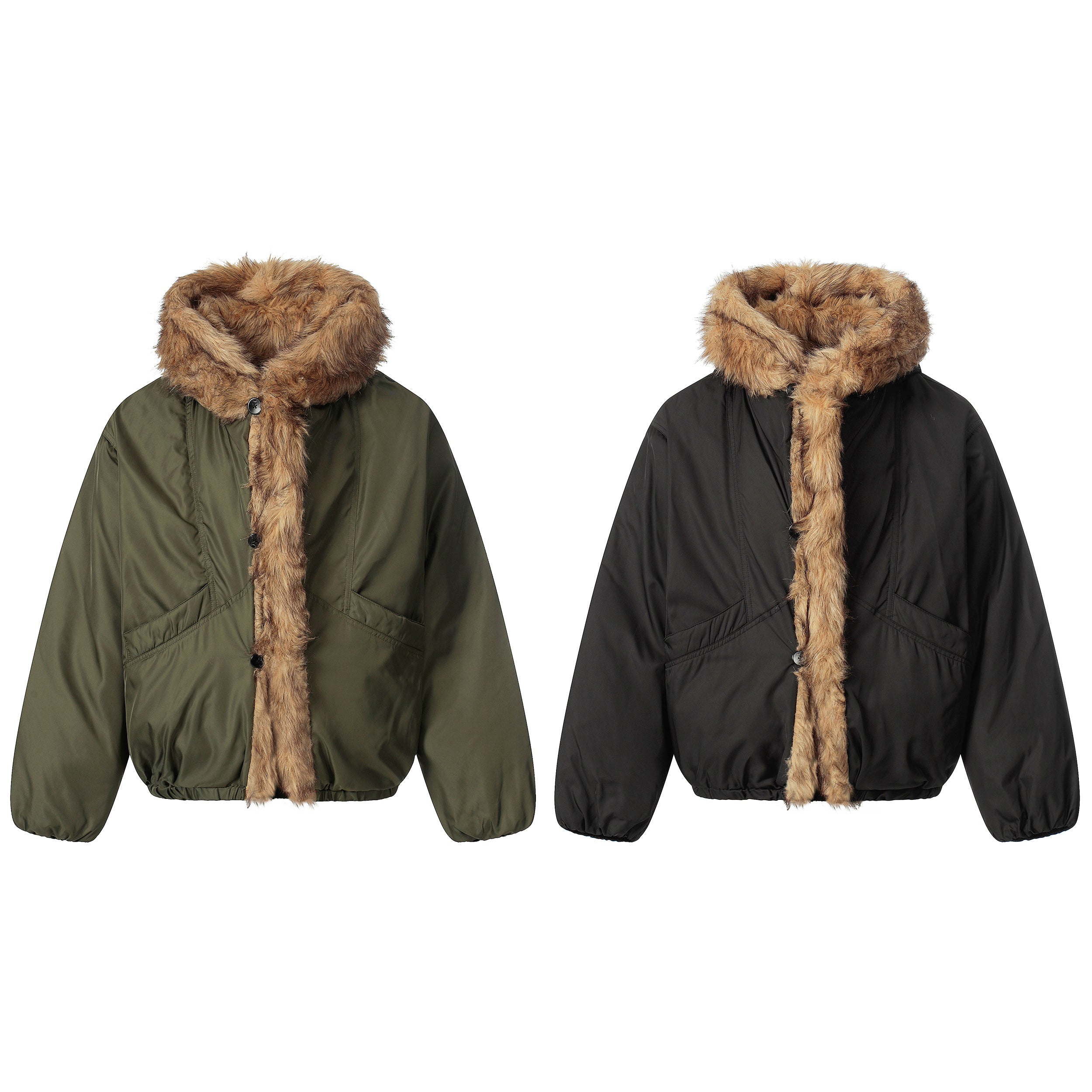 Faux fur trimmed hooded puffer jacket shown in army green and jet black colorways with tan fur hood and button front