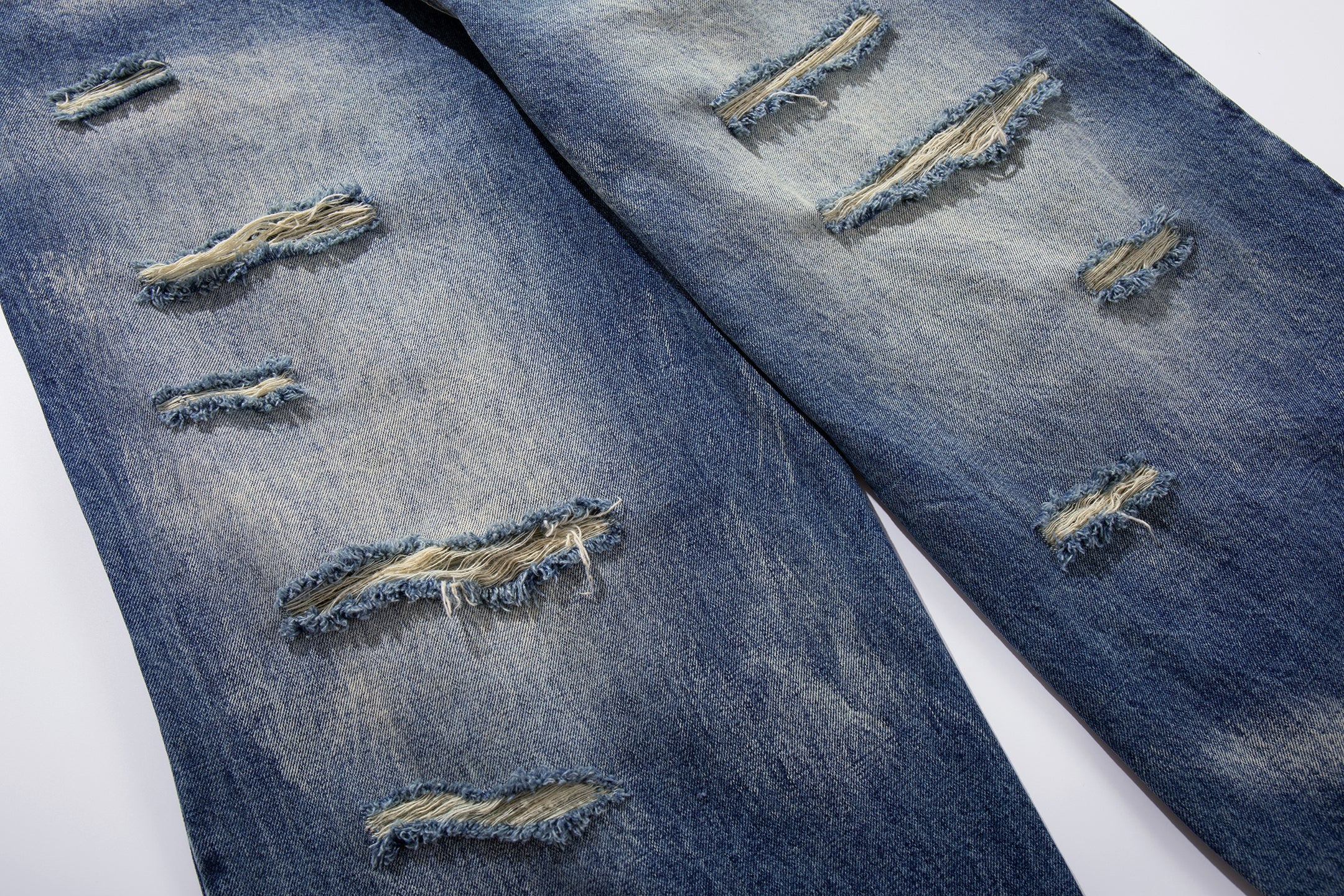 Heavy Distress Fade Wide-Leg Jeans | Vintage Blue Denim