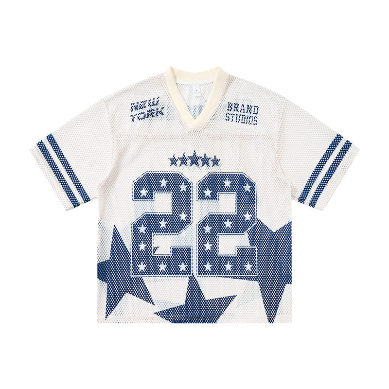 White mesh jersey t-shirt with blue number 22 star graphic print and varsity stripe cuffs, front view