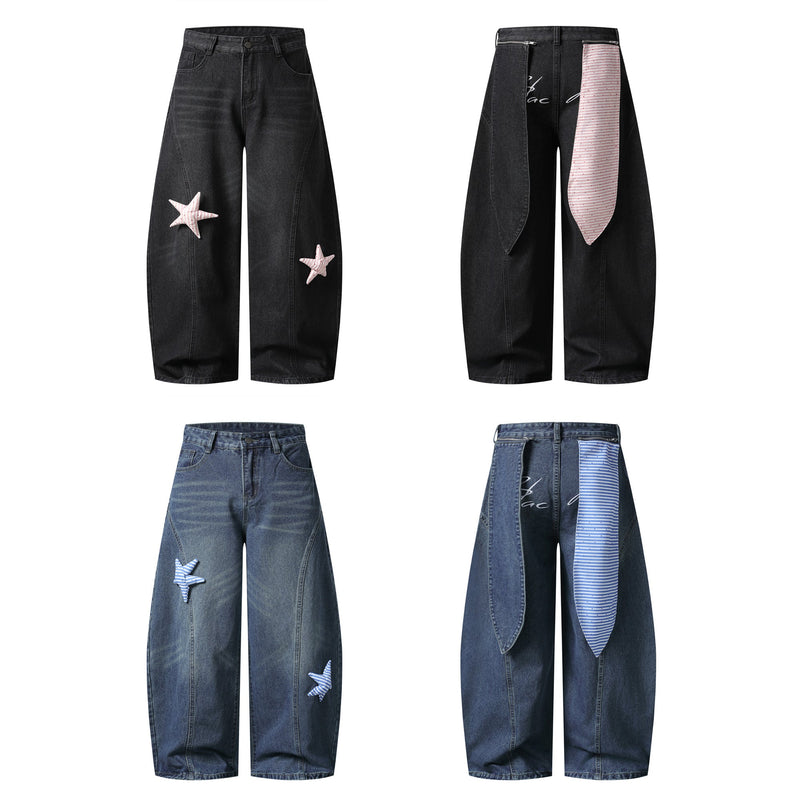 Four-view collage of black and blue star patch wide-leg jeans, front and back views