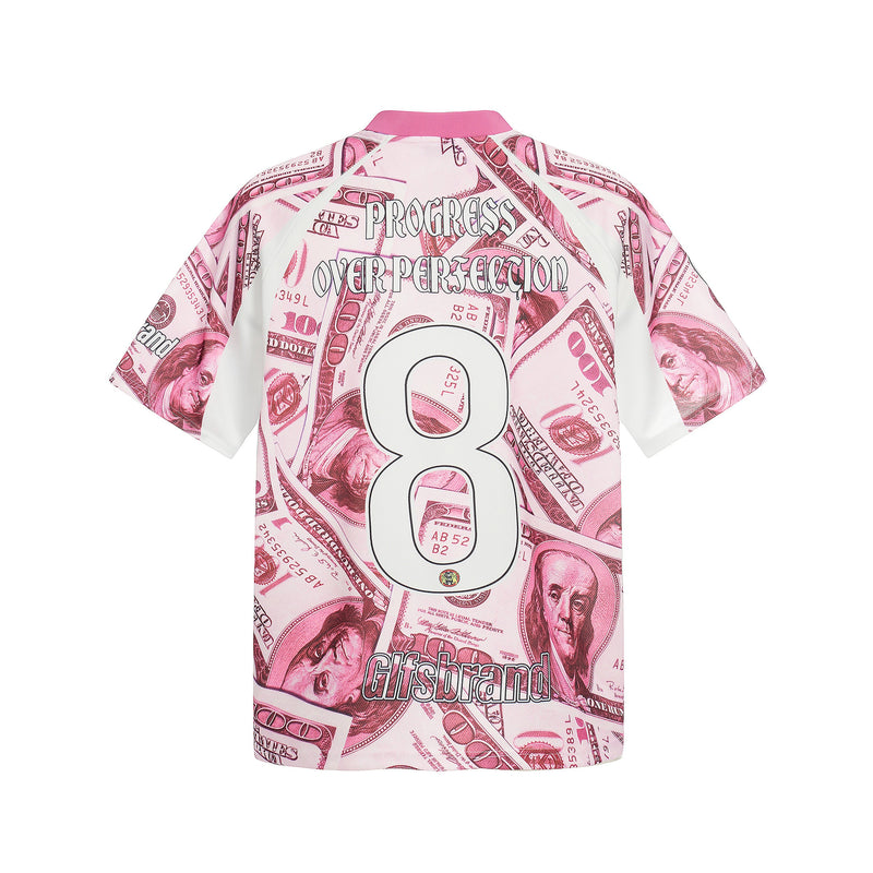Pink dollar bill print football jersey with mesh sleeves, number 8, and bold streetwear graphics on the back
