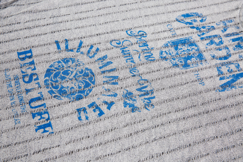 Close-up of blue graphic print on gray sheer mesh fabric