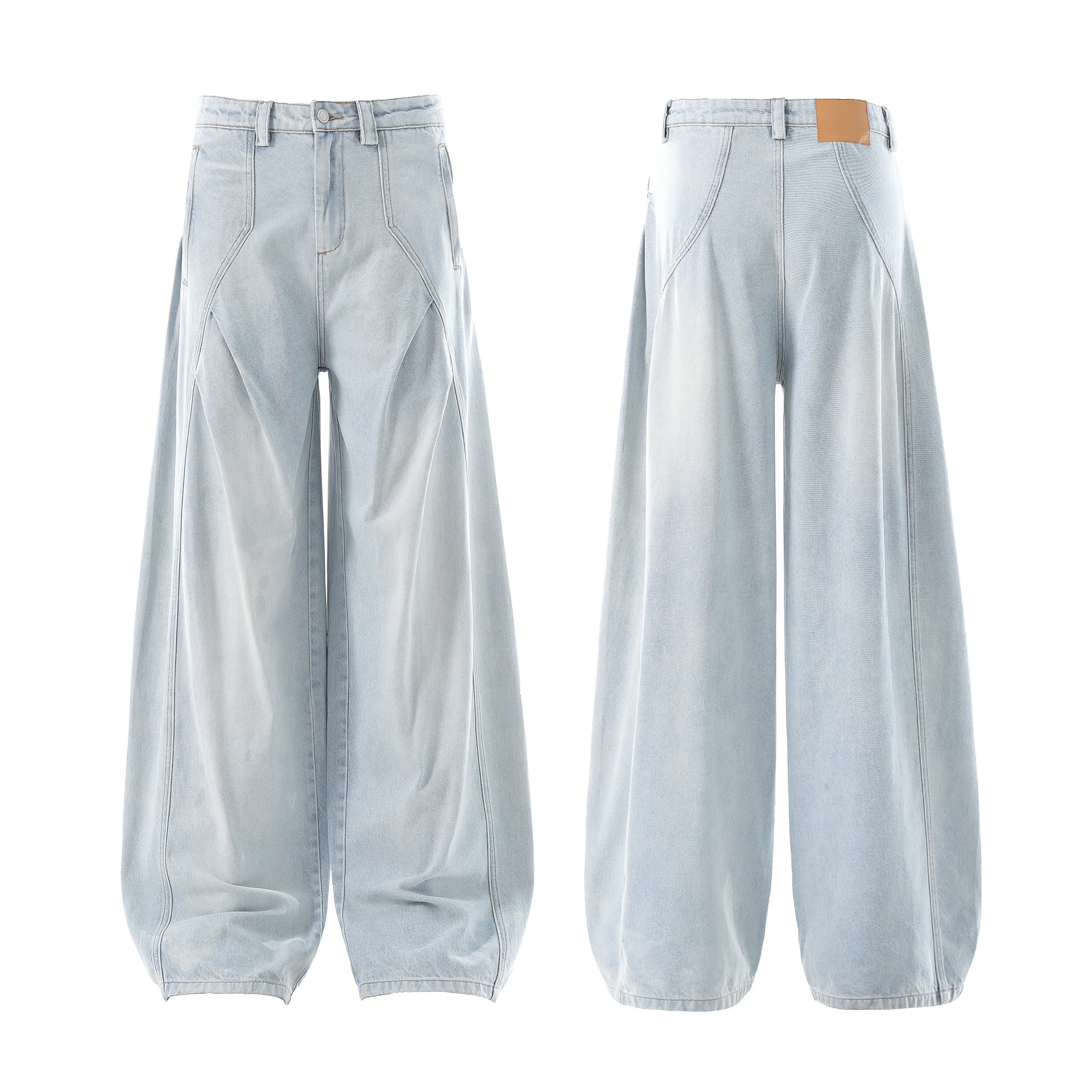 Omirad Ice Fade Panel Denim jeans in light wash, showing front and back views of wide-leg balloon fit with structured panel s