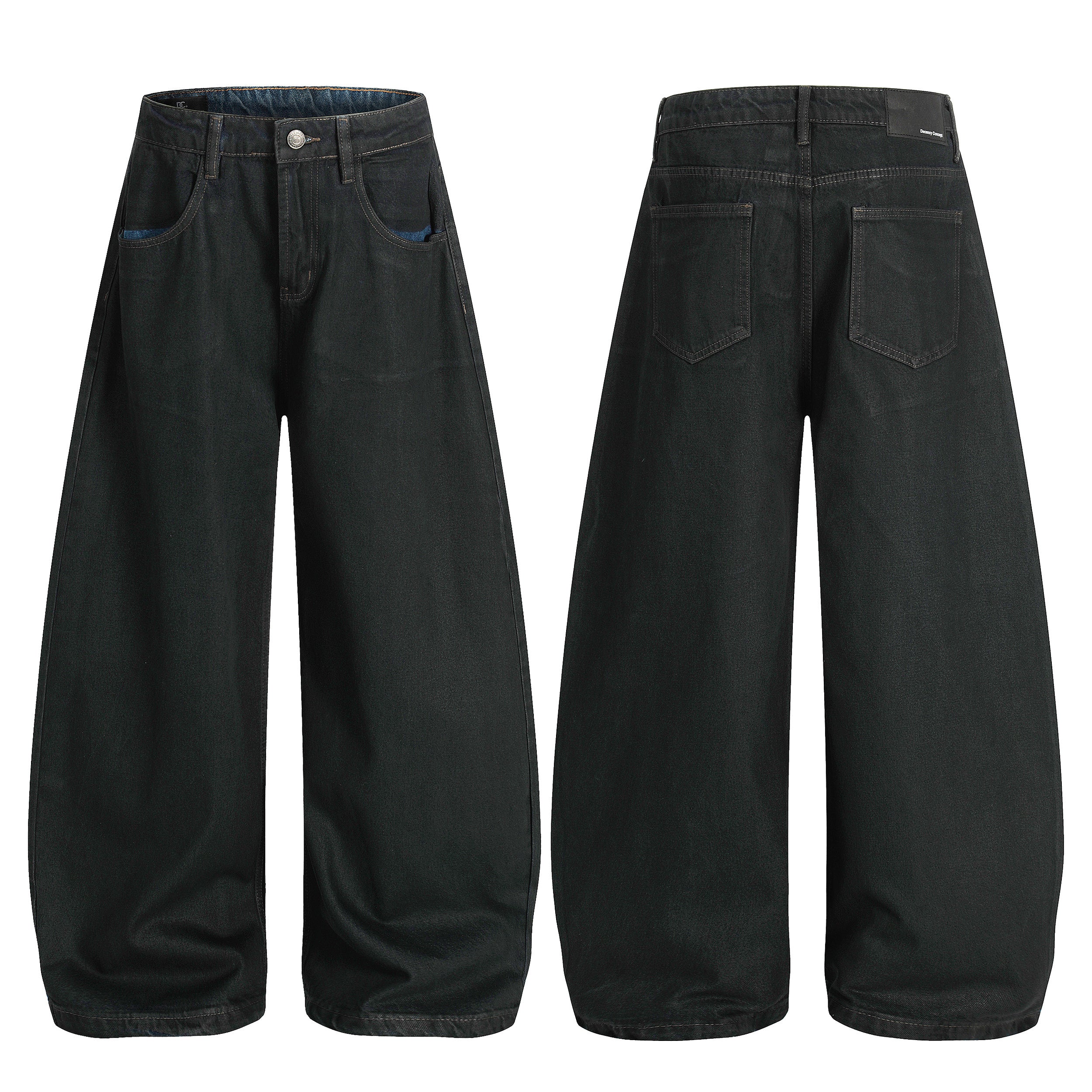 Front and back view of black curved wide-leg denim pants with five-pocket design and subtle faded finish