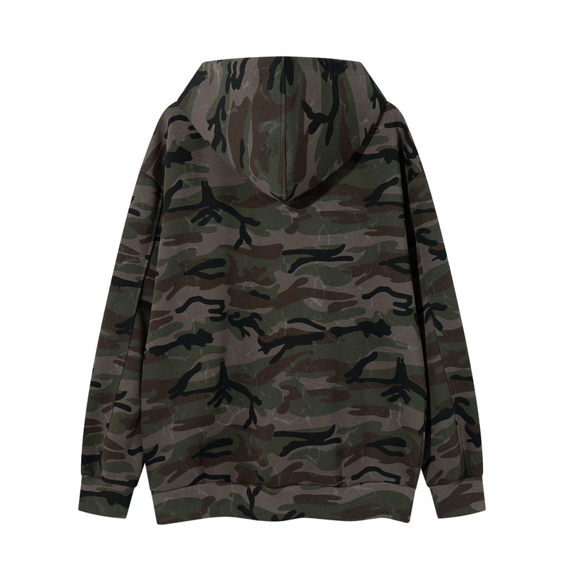 Back view of camouflage zip-up hoodie with plain hood and long sleeves