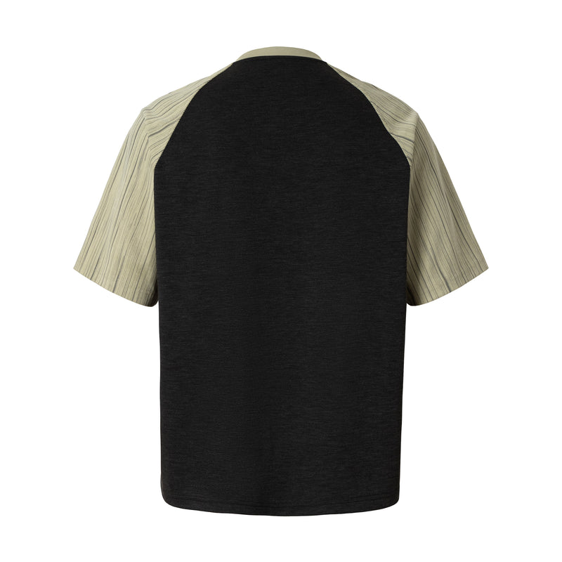Black raglan T-shirt with beige striped sleeves, shown from the back on a white background