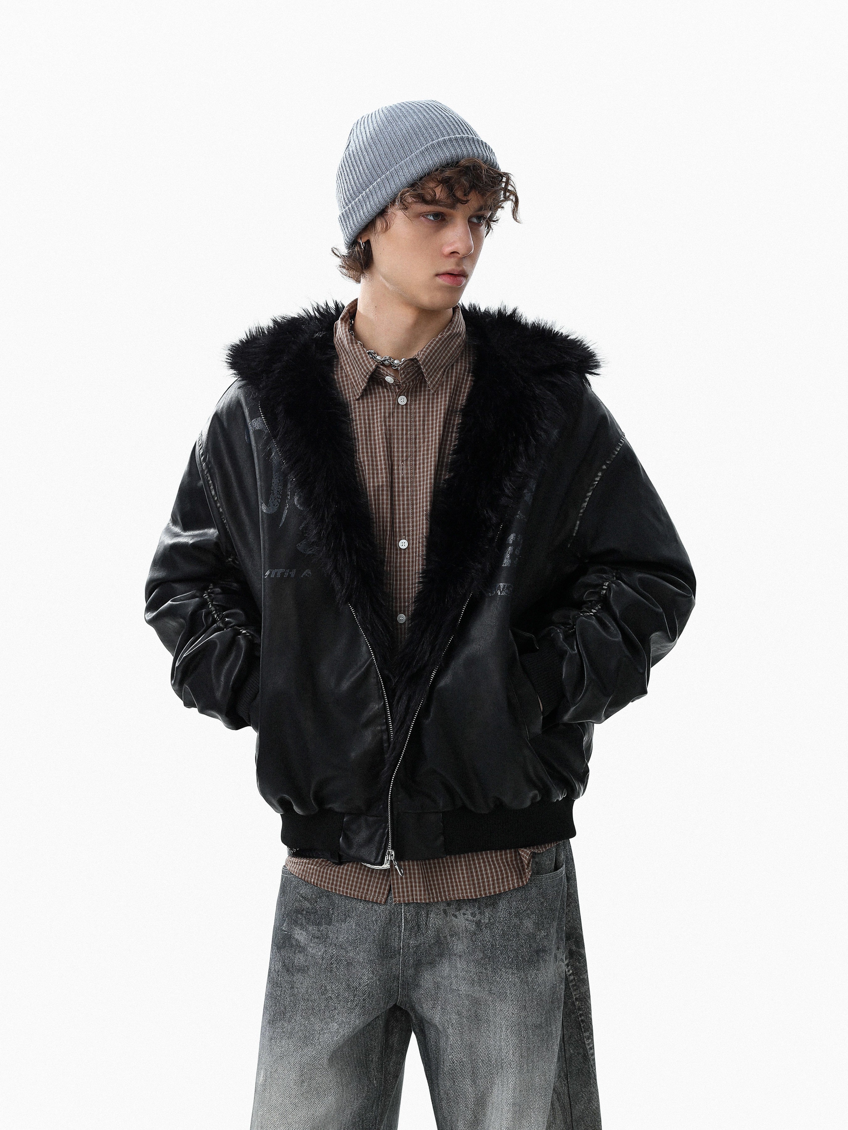 Omirad Vintage Graphic PU Leather Hoodie Bomber Jacket