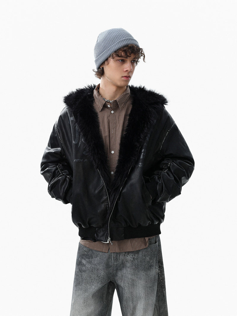 Omirad Vintage Graphic PU Leather Hoodie Bomber Jacket