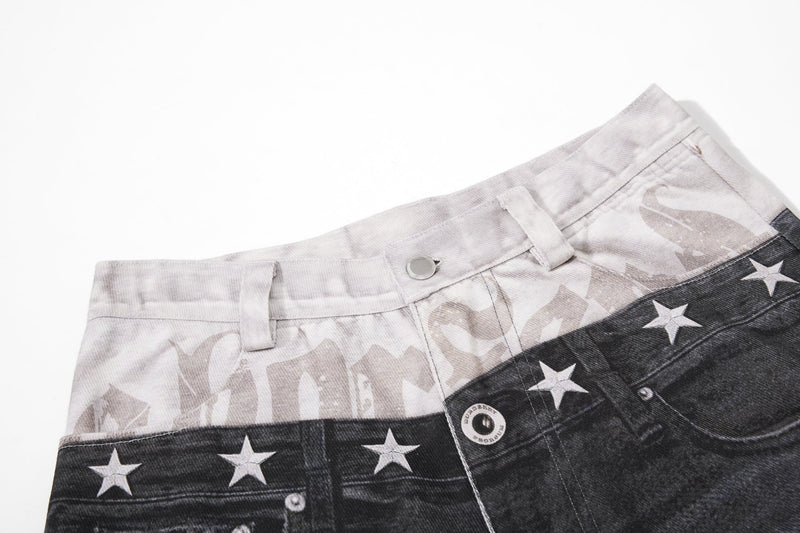 Close-up of light and black layered waistband with button closure and star print