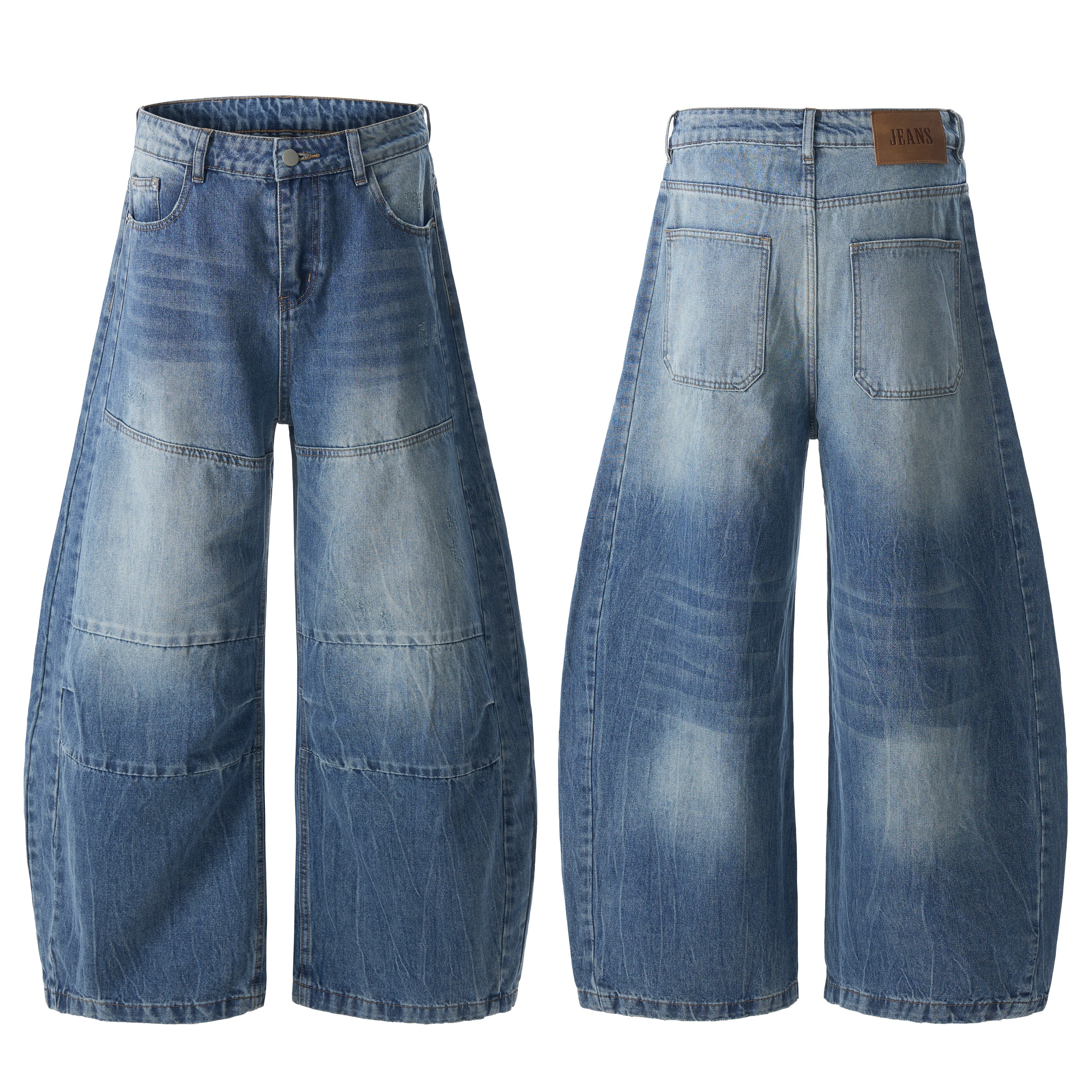 Front and back view of multi-panel vintage barrel leg jeans in faded blue denim with wide leg silhouette