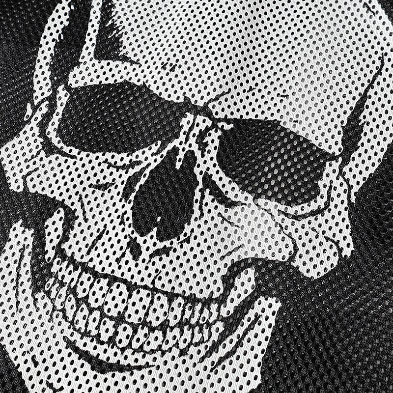 Black mesh football jersey featuring a bold white skull emblem in a gothic streetwear style
