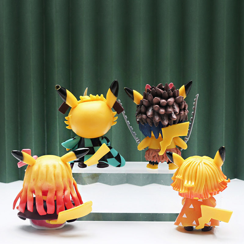 The Demon Slayer Pikachu 4-Piece Set features 9cm figures of Pikachu dressed as various Demon Slayer characters with unique hairstyles and costumes, each holding a sword. Their black-tipped ears stand out against a green curtain backdrop—a must-have for any anime collection.